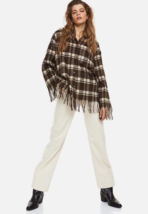 H&M - Fringe-trimmed shacket - dark brown/checked