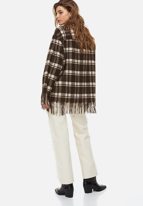 H&M - Fringe-trimmed shacket - dark brown/checked