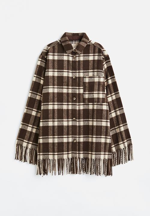 H&M - Fringe-trimmed shacket - dark brown/checked