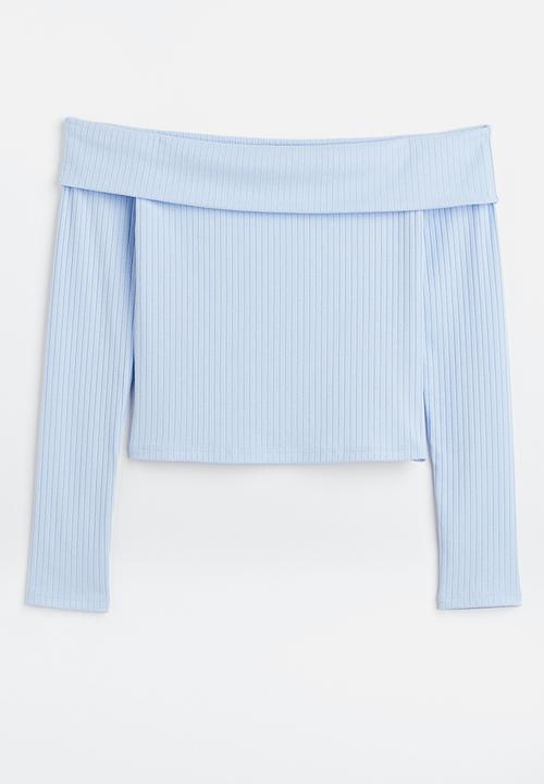 H&M - Off-the-shoulder ribbed top - light blue