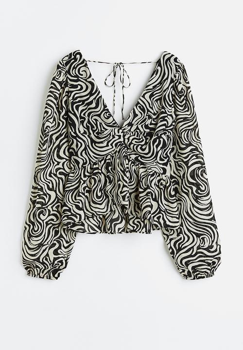 H&M - Balloon-sleeved peplum blouse - black patterned