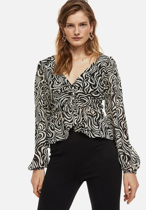 H&M - Balloon-sleeved peplum blouse - black patterned