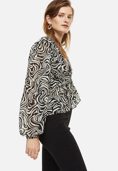 H&M - Balloon-sleeved peplum blouse - black patterned