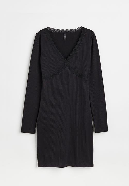 H&M - Lace-trimmed ribbed dress - black