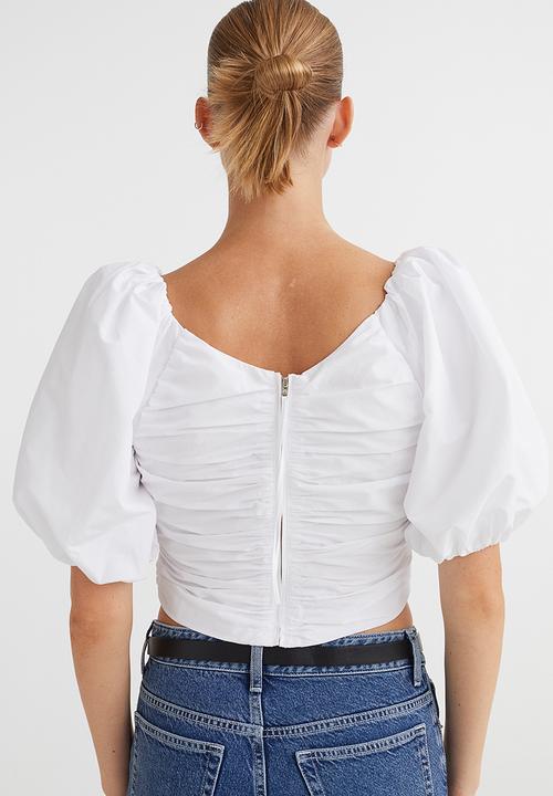 H&M - Gathered puff-sleeved top - white