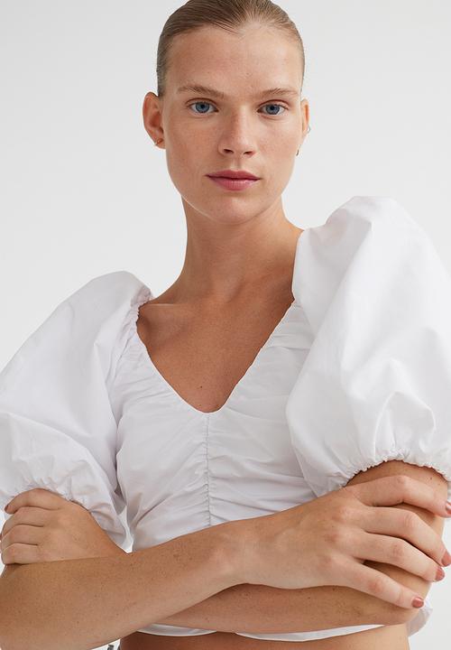 H&M - Gathered puff-sleeved top - white