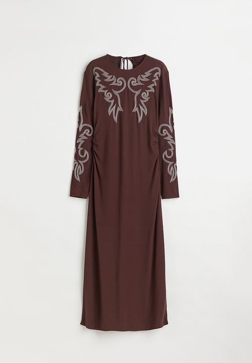 H&M - Dress with embroidery - dark brown/light beige