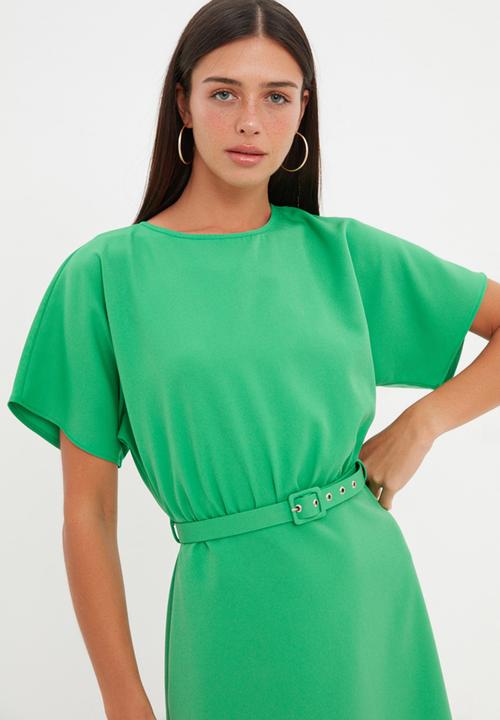 Trendyol - Belted short sleeve a-line dress - green