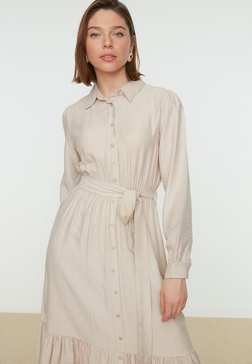Trendyol - Modest collared longsleeve A-line full length dress - beige