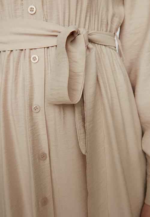 Trendyol - Modest collared longsleeve A-line full length dress - beige