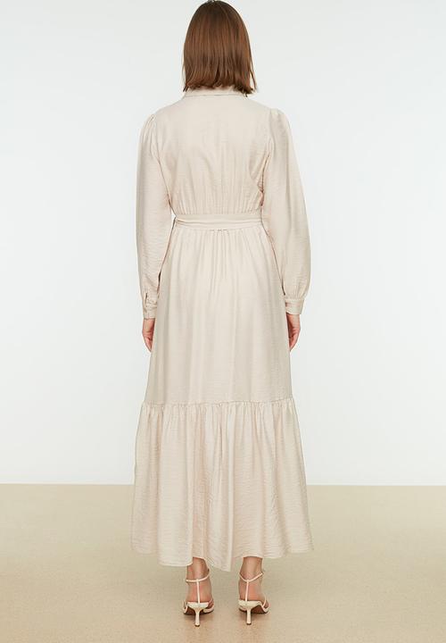 Trendyol - Modest collared longsleeve A-line full length dress - beige