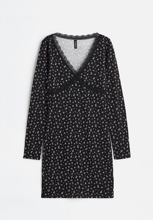H&M - Lace-trimmed ribbed dress - black/floral