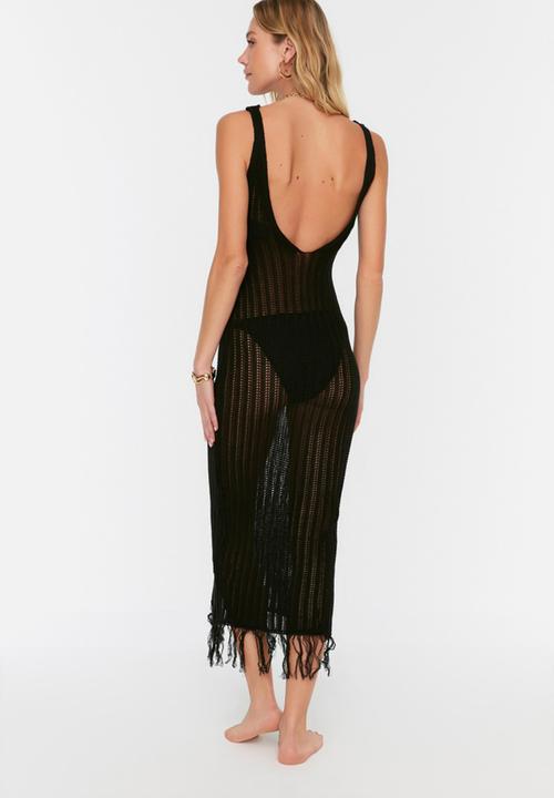 Trendyol - Frayed Hem Basic Knit Beach Dress - Black