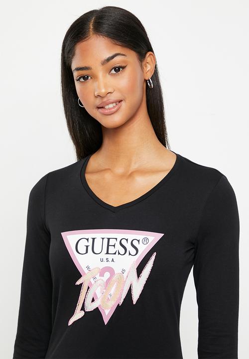 GUESS - Long sleeve v-neck icon tee - jet black