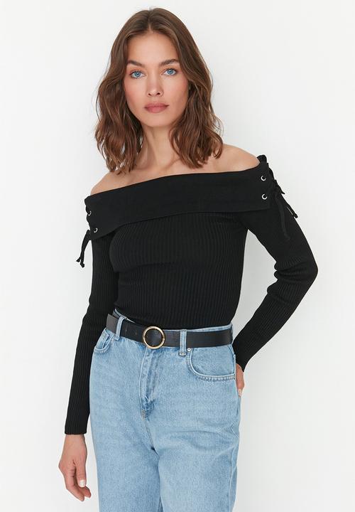 Trendyol - Tie detailed off shoulder sweater - black