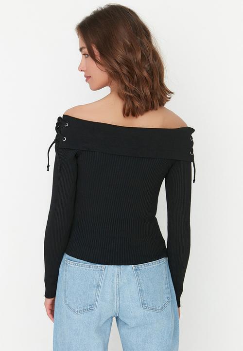 Trendyol - Tie detailed off shoulder sweater - black