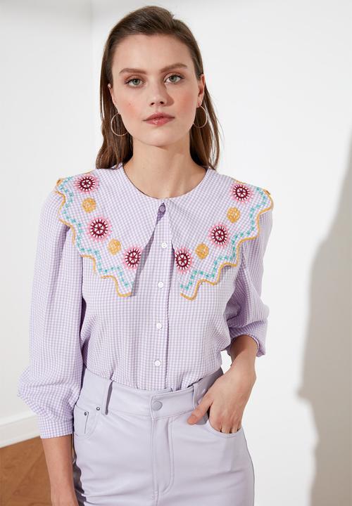 Trendyol - Check balloon sleeve shirt - lilac