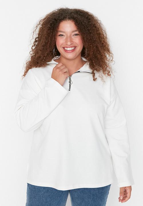 Trendyol - Plus polo neck zip sweatshirt - ecru