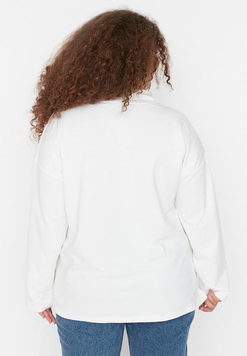 Trendyol - Plus polo neck zip sweatshirt - ecru