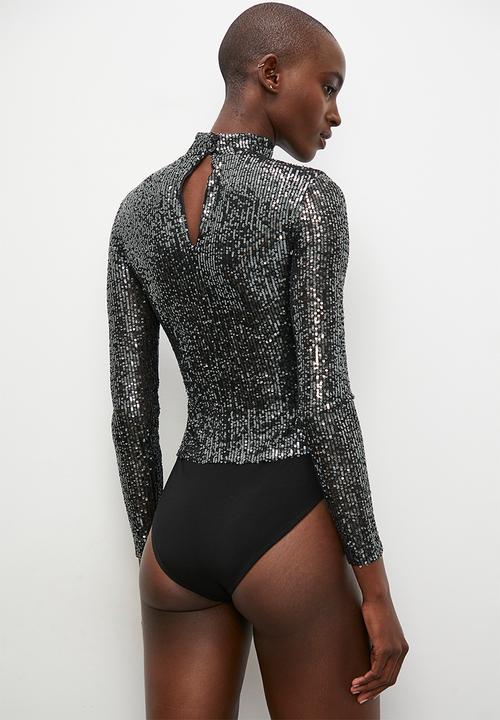 Superbalist - Metallic sequinned turtleneck bodysuit -  black oil grey 