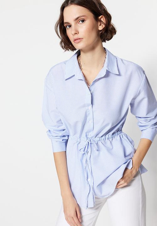 Trendyol - Waist tie button down shirt - blue