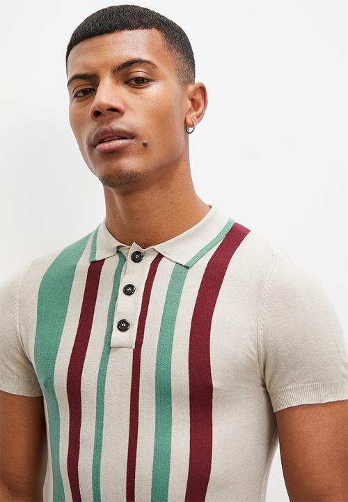 Superbalist - Placket collar s/s stripe knit golfer - stone/sage