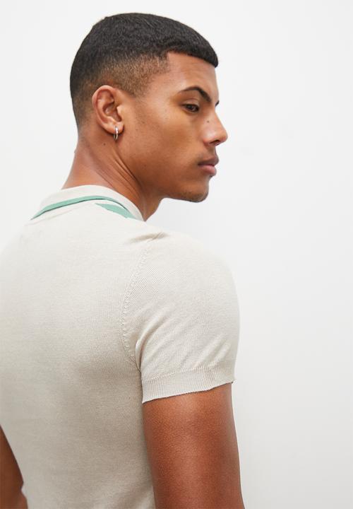 Superbalist - Placket collar s/s stripe knit golfer - stone/sage
