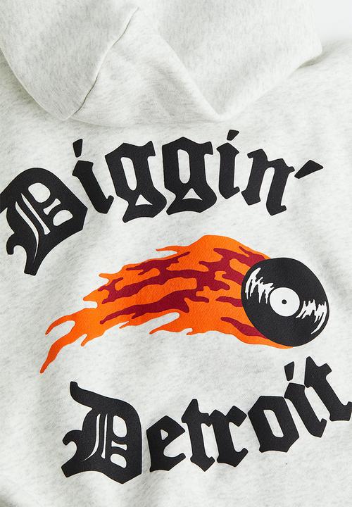 H&M - Relaxed fit printed hoodie - grey marl diggin' detroit 