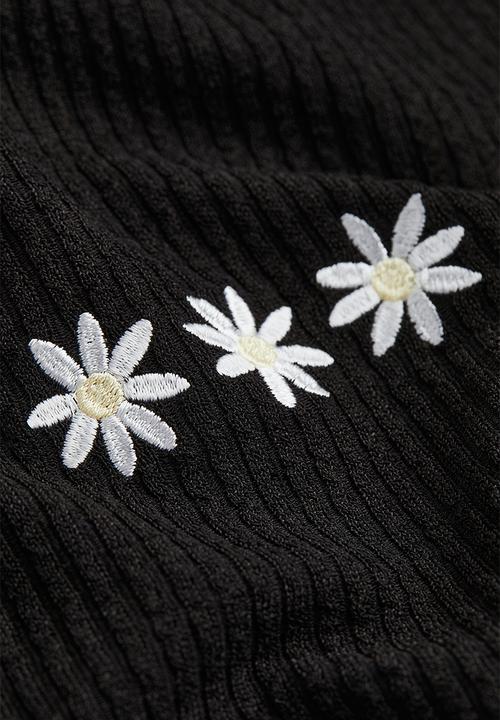 H&M - Embroidered ribbed top - black/flowers