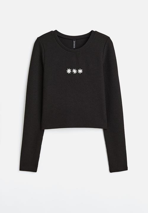 H&M - Embroidered ribbed top - black/flowers
