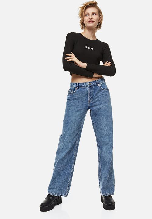 H&M - Embroidered ribbed top - black/flowers