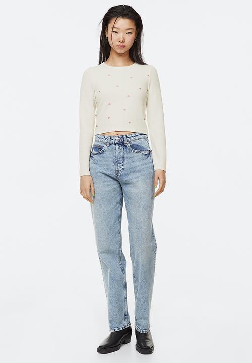 H&M - Embroidered ribbed top - cream/hearts
