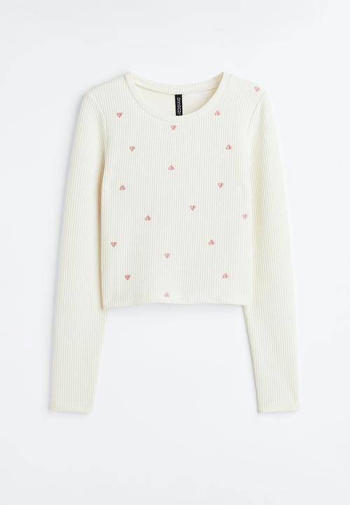 H&M - Embroidered ribbed top - cream/hearts