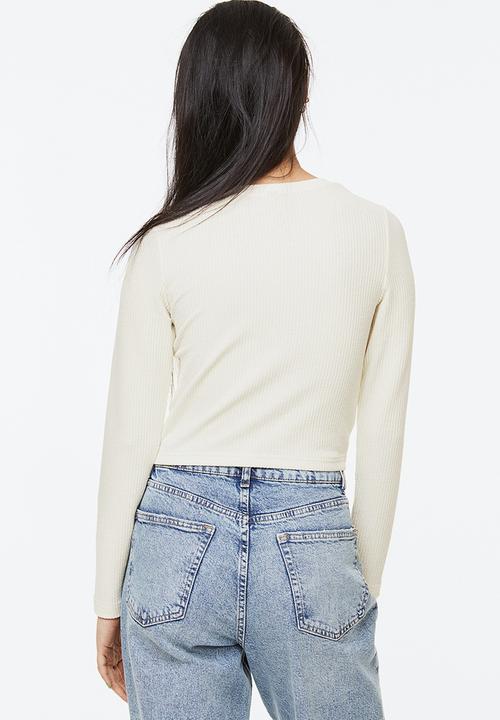 H&M - Embroidered ribbed top - cream/hearts
