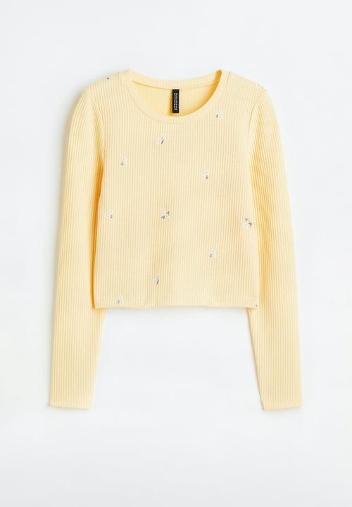H&M - Embroidered ribbed top - light yellow/floral