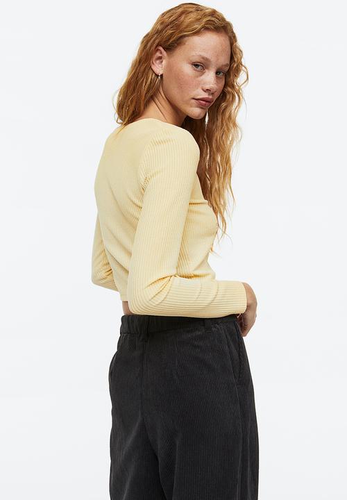 H&M - Embroidered ribbed top - light yellow/floral