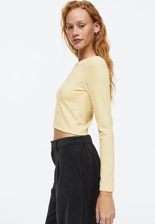 H&M - Embroidered ribbed top - light yellow/floral