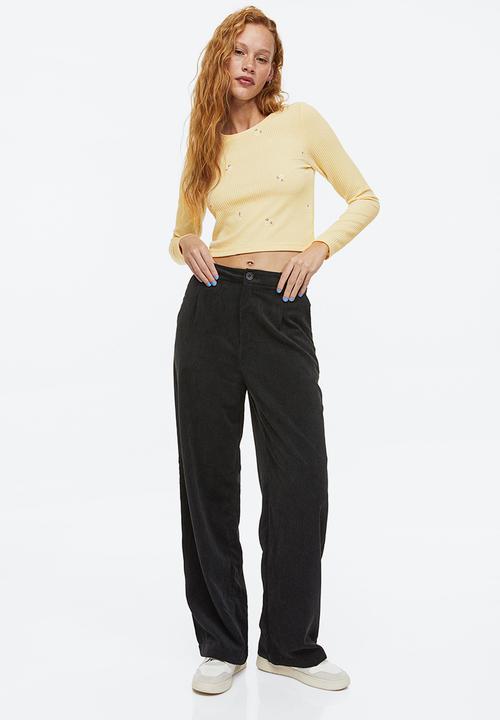 H&M - Embroidered ribbed top - light yellow/floral