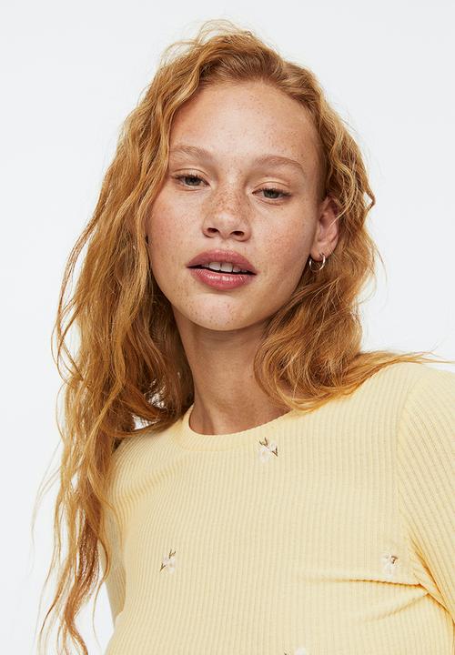 H&M - Embroidered ribbed top - light yellow/floral