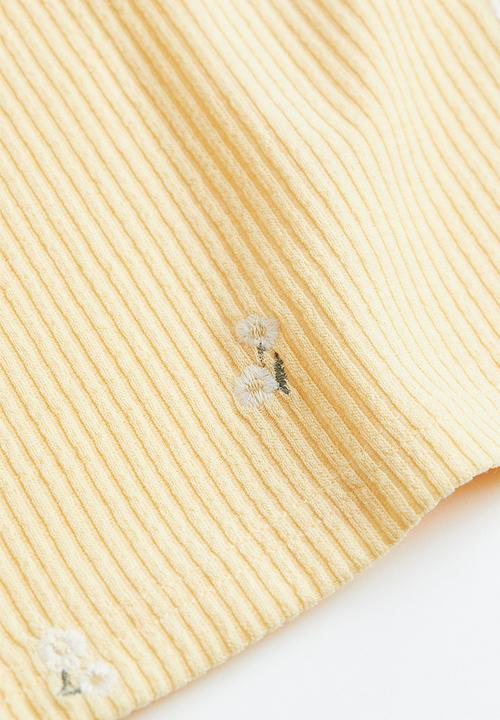 H&M - Embroidered ribbed top - light yellow/floral