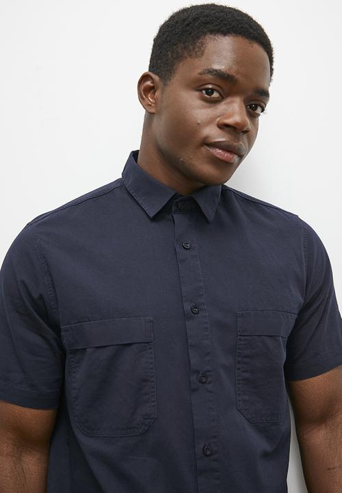 Lark & Crosse - Washed utility short sleeve shirt - navy