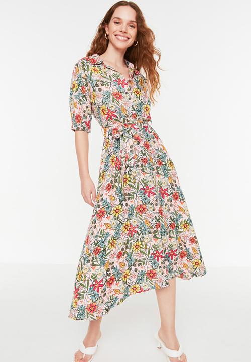 Trendyol - Short Sleeve Midi Shirt Dress - Lilac Print