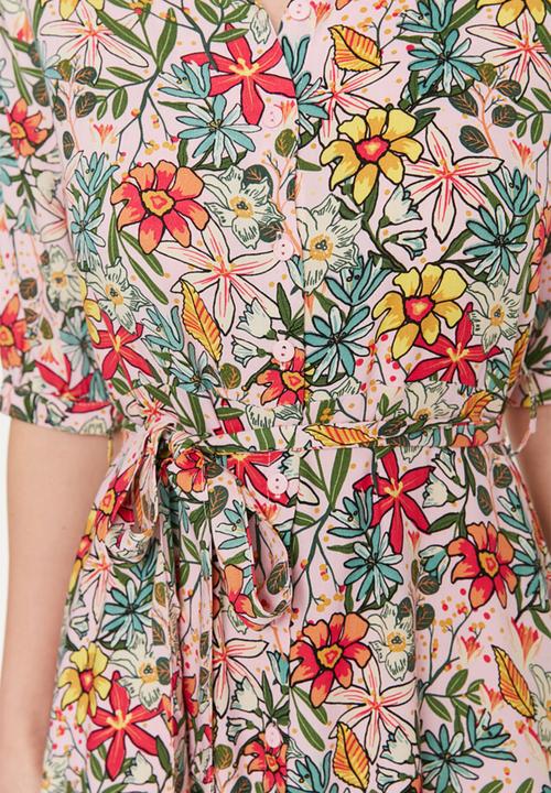 Trendyol - Short Sleeve Midi Shirt Dress - Lilac Print