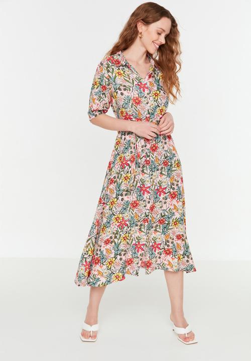 Trendyol - Short Sleeve Midi Shirt Dress - Lilac Print
