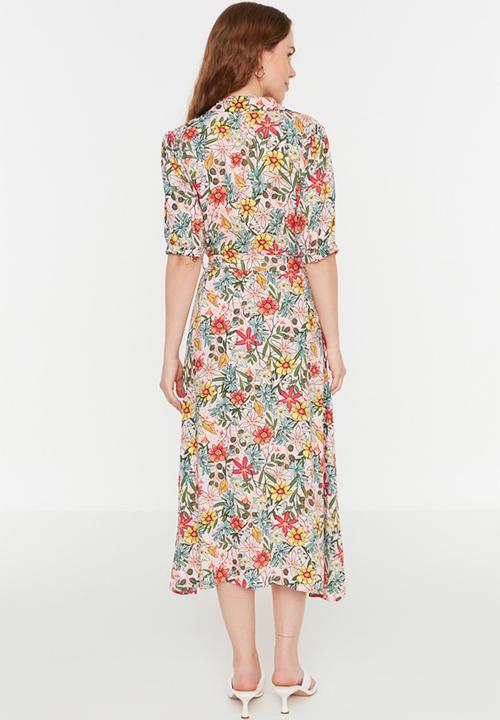 Trendyol - Short Sleeve Midi Shirt Dress - Lilac Print