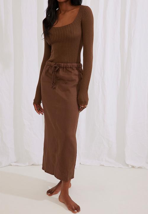 NA-KD - Linen midi skirt - brown
