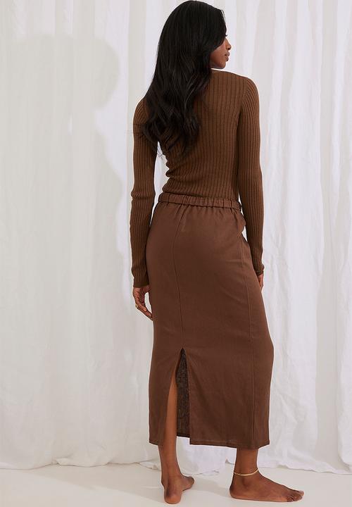 NA-KD - Linen midi skirt - brown