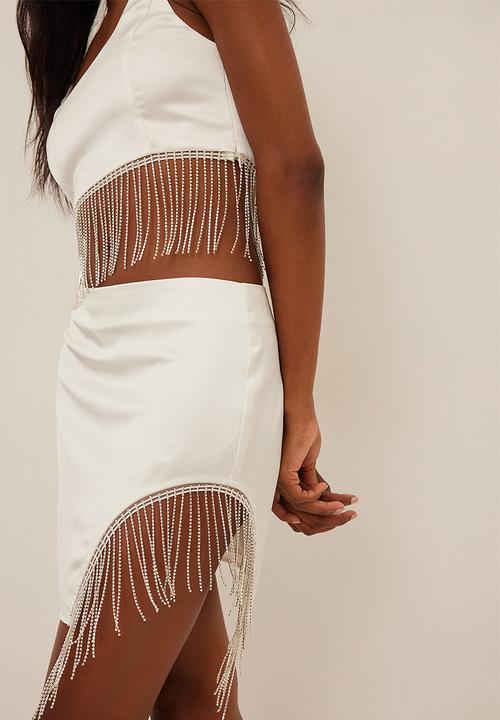 NA-KD - Fringed mini rhinestone skirt - white