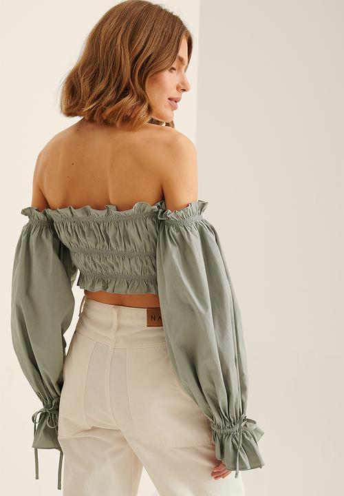 NA-KD - Off shoulder puff sleeve cotton blouse - dusty blue