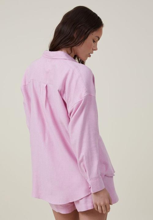 Cotton On - Flannel boyfriend long sleeve shirt - pink icing micro houndstooth
